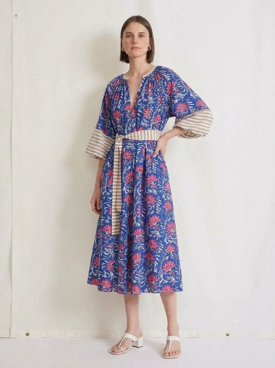 Blue & Pink Floral Printed Belted Midi Dress