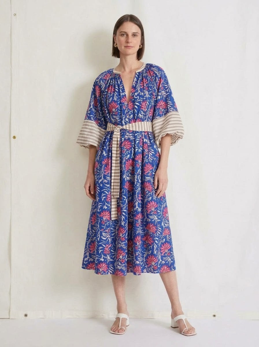 Blue & Pink Floral Printed Belted Midi Dress