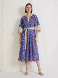Blue & Pink Floral Printed Belted Midi Dress