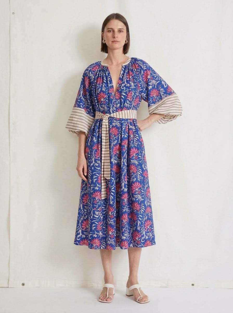 Blue & Pink Floral Printed Belted Midi Dress