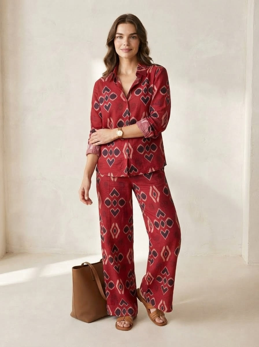 Red Ikat Printed Button-Down Co-Ord Set