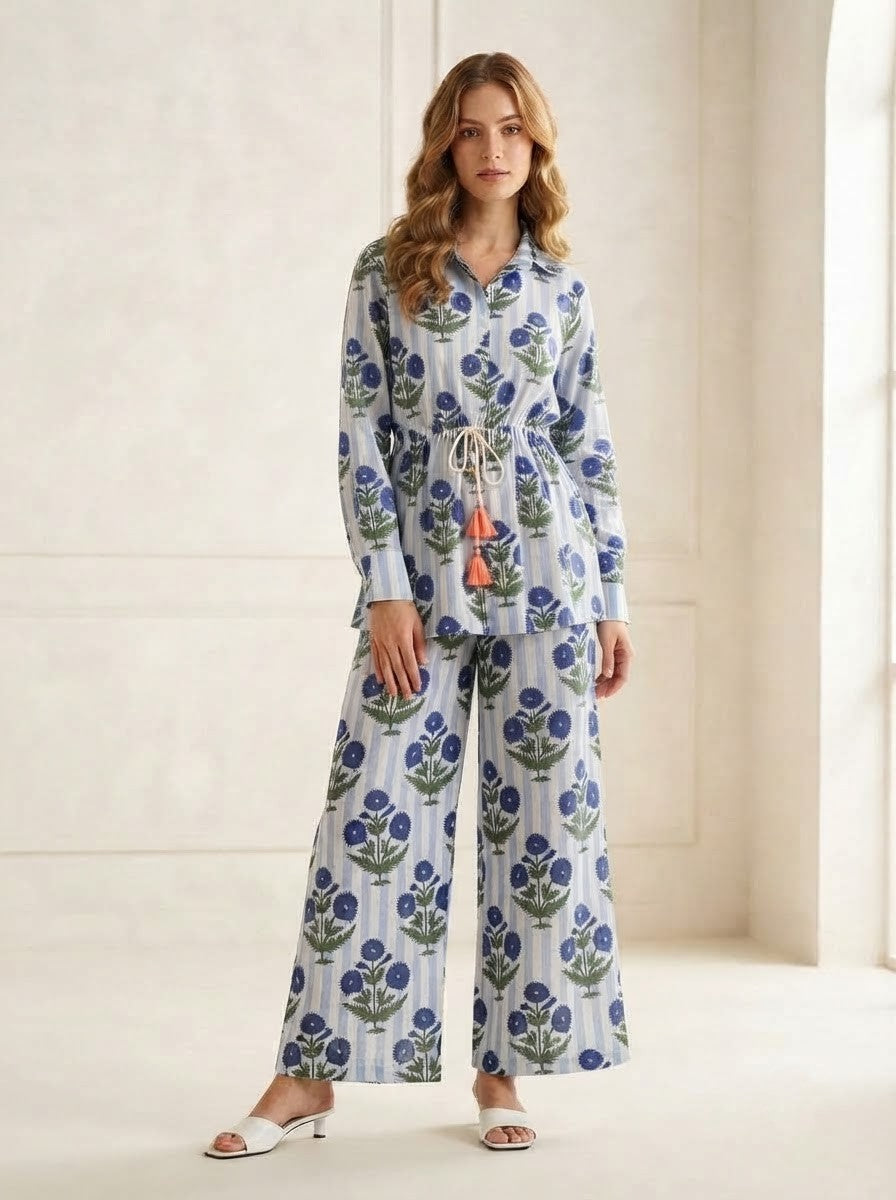 Blue Striped Floral Block Printed Co-Ord Set
