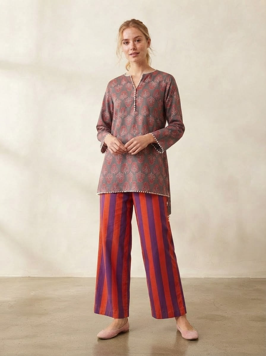 Floral Motif & Striped Premium Cotton Co-ord Set