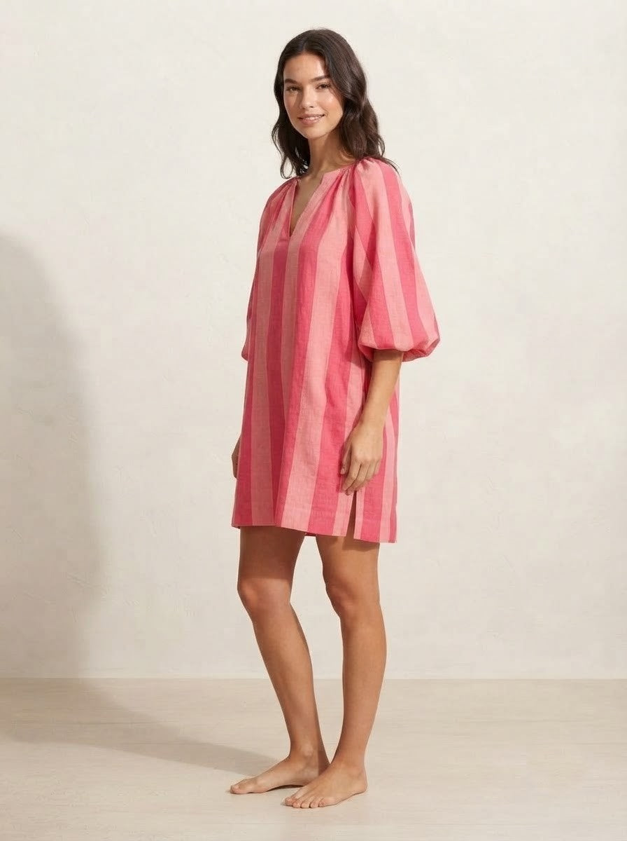 Vibrant Pink Striped Premium Cotton Dress