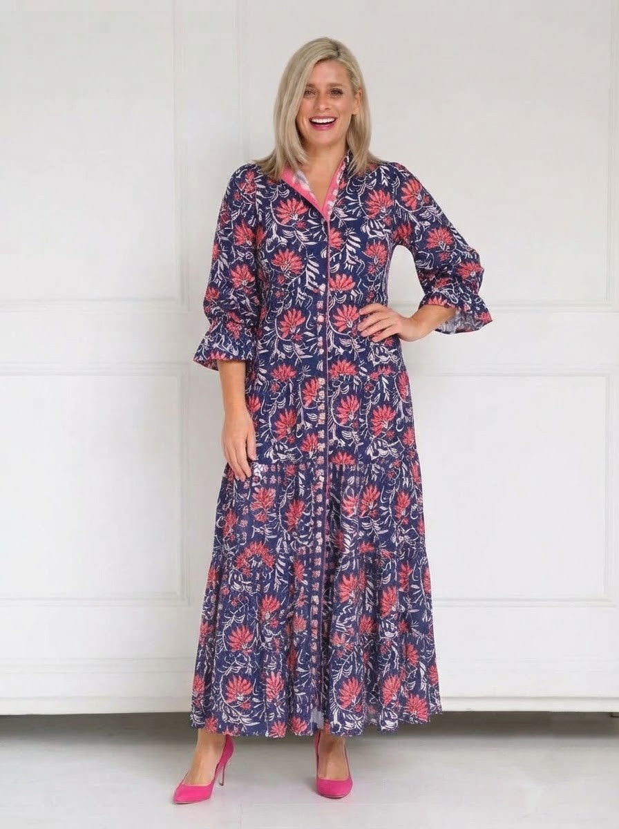 Navy Blue & Pink Floral Tiered Premium Cotton Dress