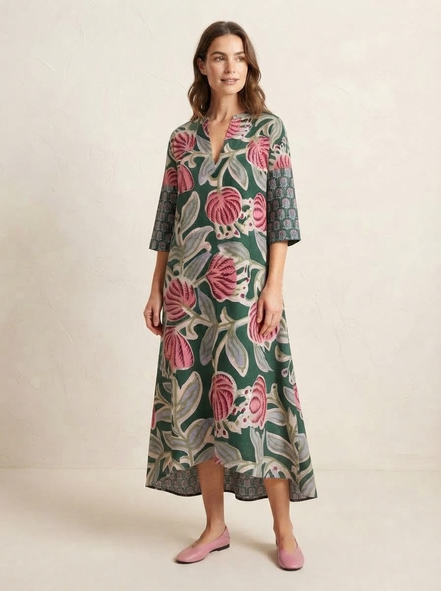Emerald Green Botanical Print Premium Cotton Dress