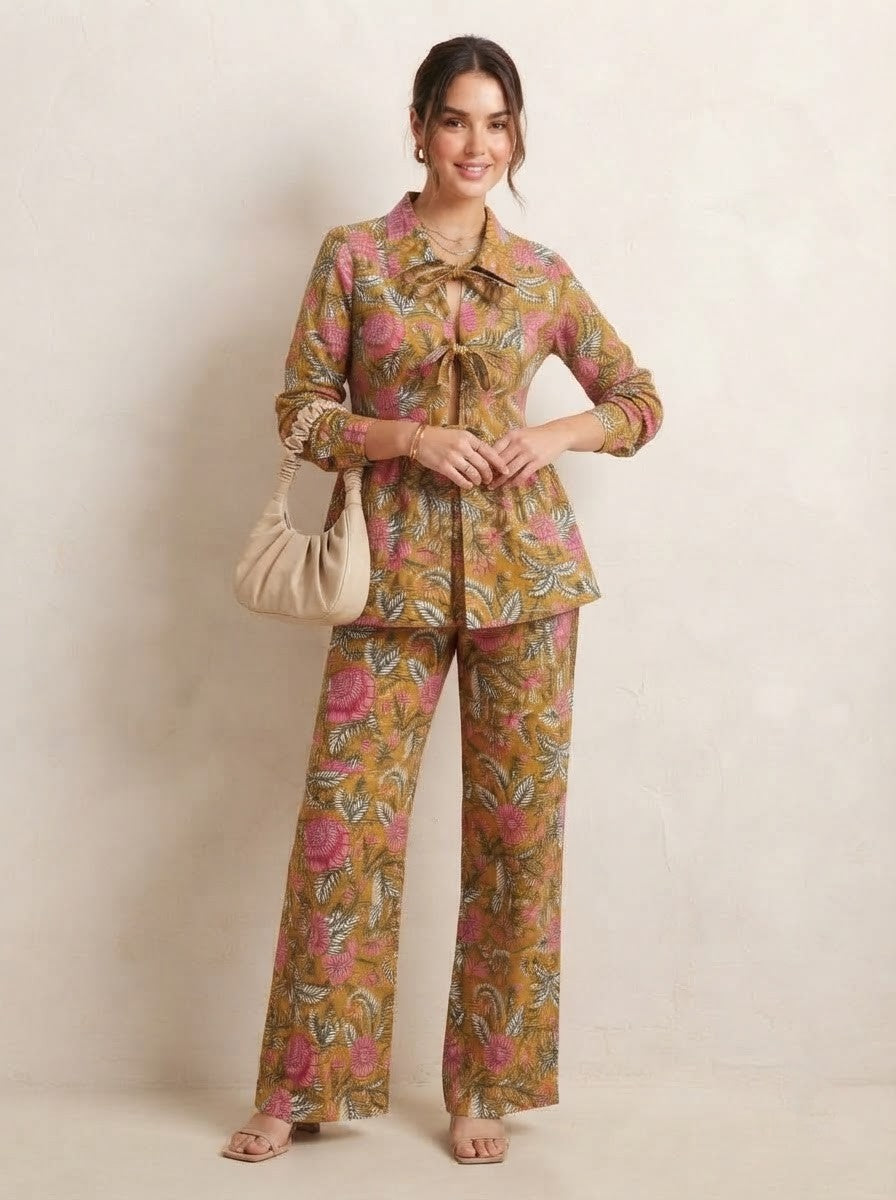 Mustard & Pink Floral Tie-Front Premium Cotton Co-ord Set