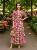 Beige & Pink Floral Premium Cotton Tiered Dress