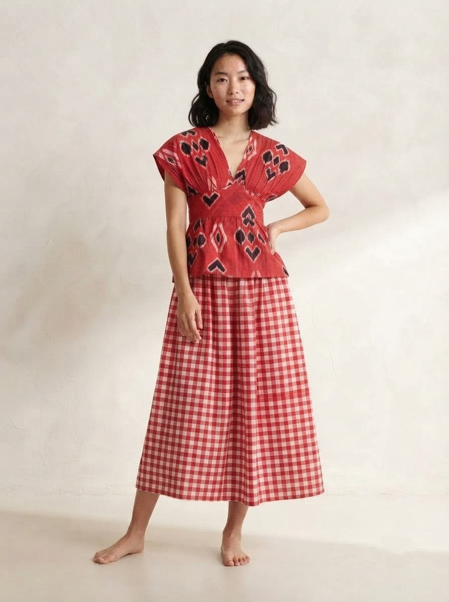 Red Geometric Peplum & Gingham Skirt Premium Cotton Co-ord Set