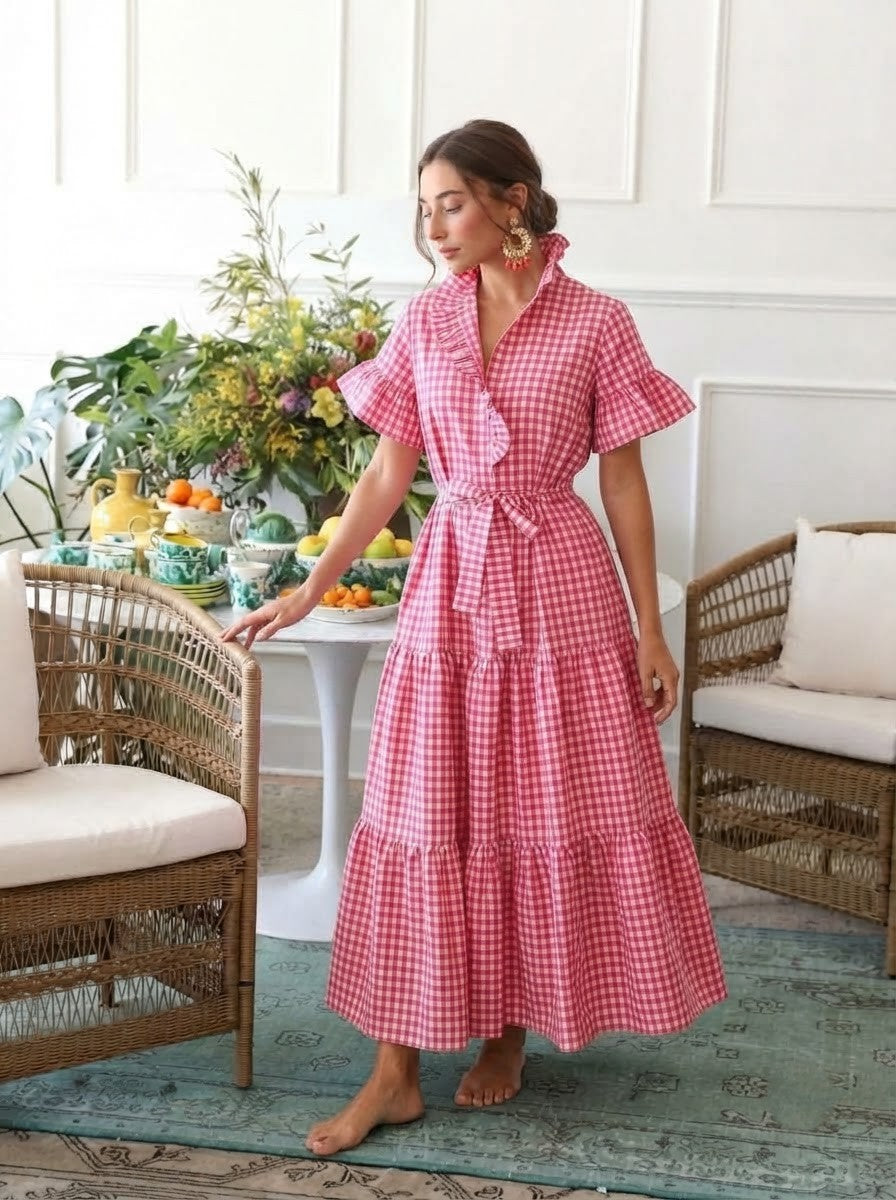 Pink & White Gingham Premium Cotton Tiered Dress