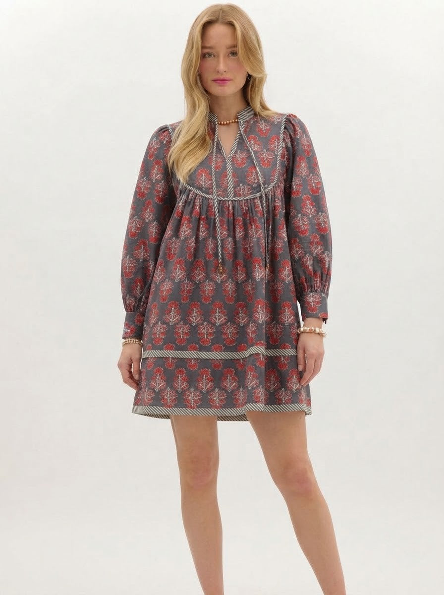 Charcoal & Red Floral Premium Cotton Smock Dress