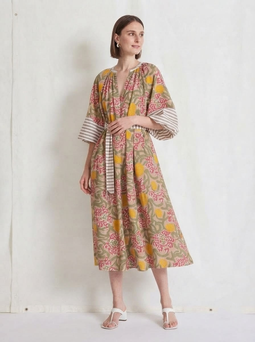 Olive & Yellow Floral Mixed-Print Premium Cotton Dress