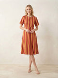 Maroon & Mustard Striped Premium Cotton Fit & Flare Dress