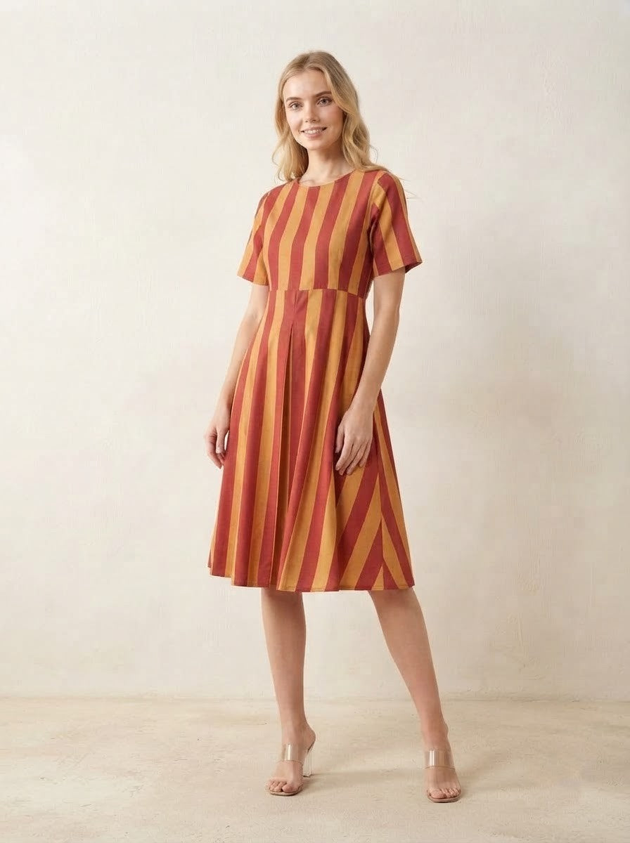 Maroon & Mustard Striped Premium Cotton Fit & Flare Dress