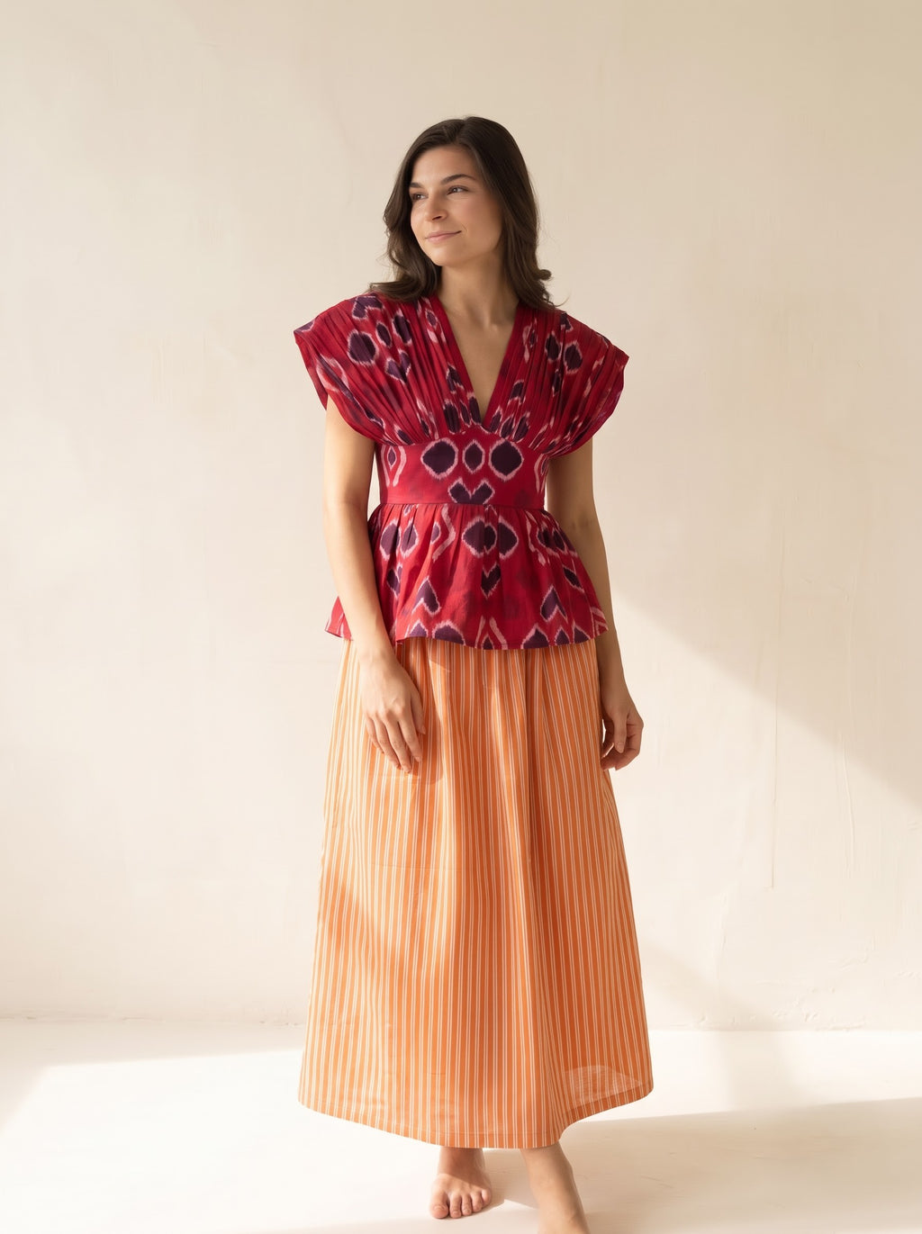 Maroon Ikat Printed Top & Orange Striped Skirt Set