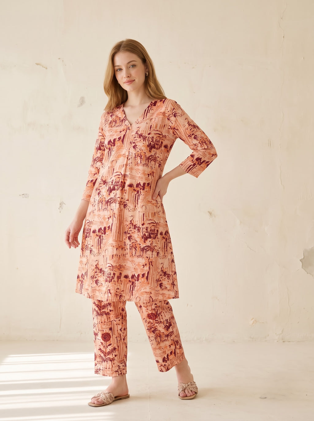 Peach Abstract Floral Printed Co-Ord Set