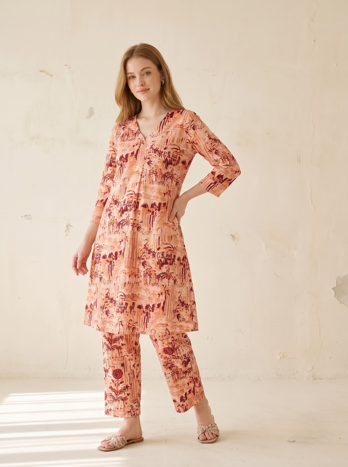 Peach Abstract Floral Printed Co-Ord Set