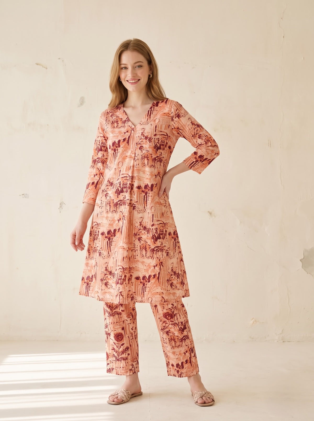 Peach Abstract Floral Printed Co-Ord Set