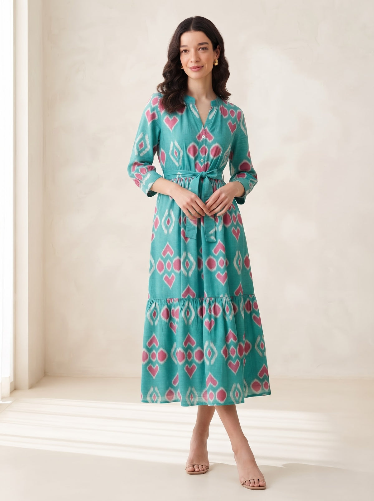 Turquoise & Pink Ikat Printed Maxi Dress