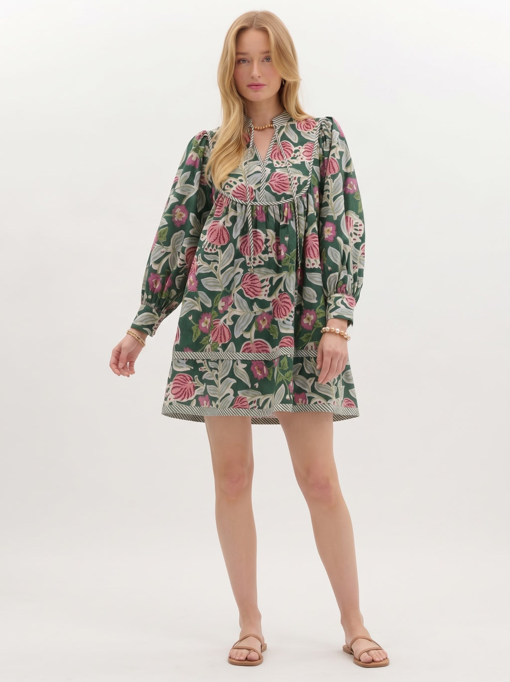 Dark Green & Pink Floral Printed Mini Dress