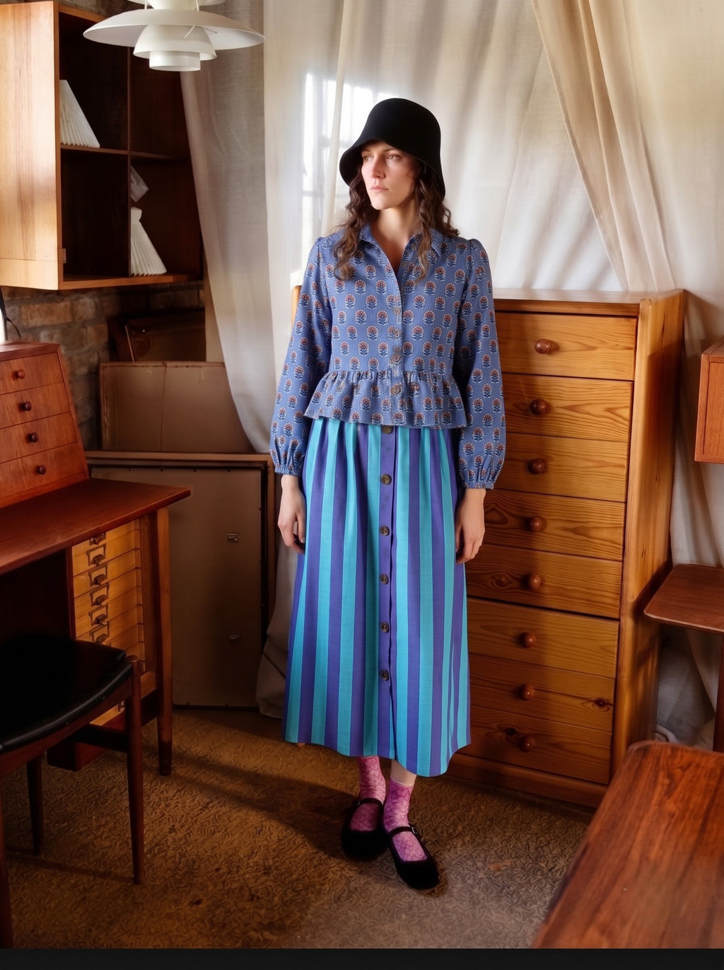 Blue Floral Peplum & Striped Skirt Premium Cotton Co-ord Set