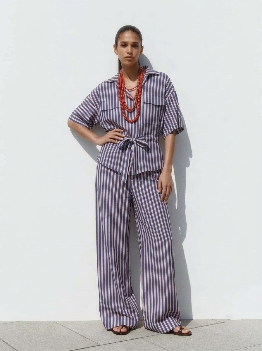 Blue & Pink Vertical Striped Belted Co-Ord Set