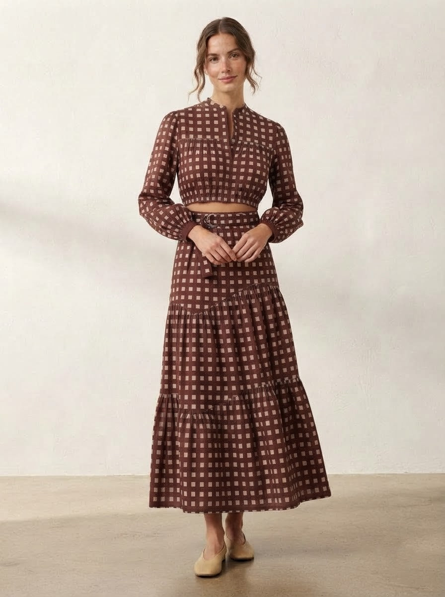 Maroon Checkered Premium Cotton Skirt Co-ord Set
