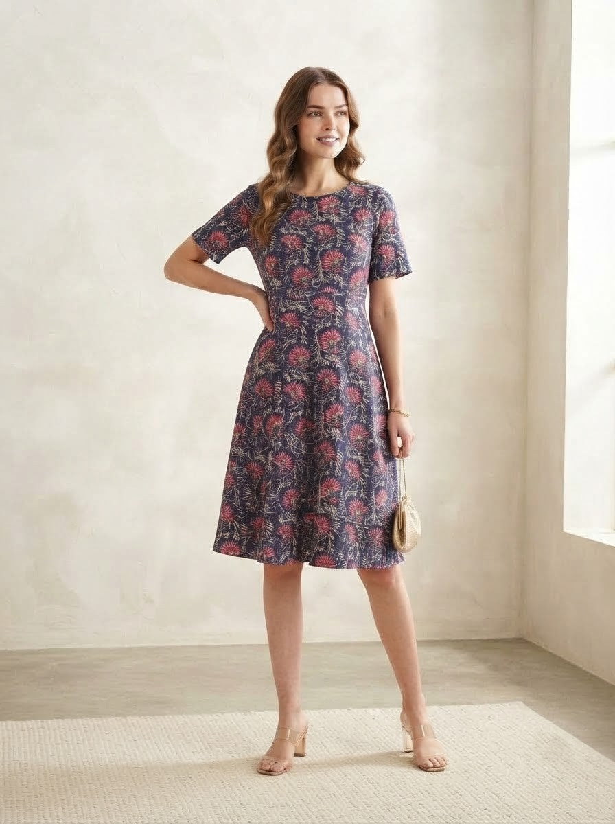 Navy Blue & Pink Floral Premium Cotton Fit & Flare Dress