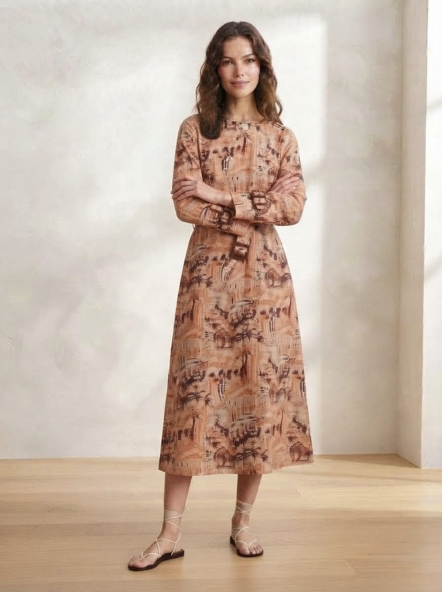 Peach & Maroon Toile Print Premium Cotton Belted Dress