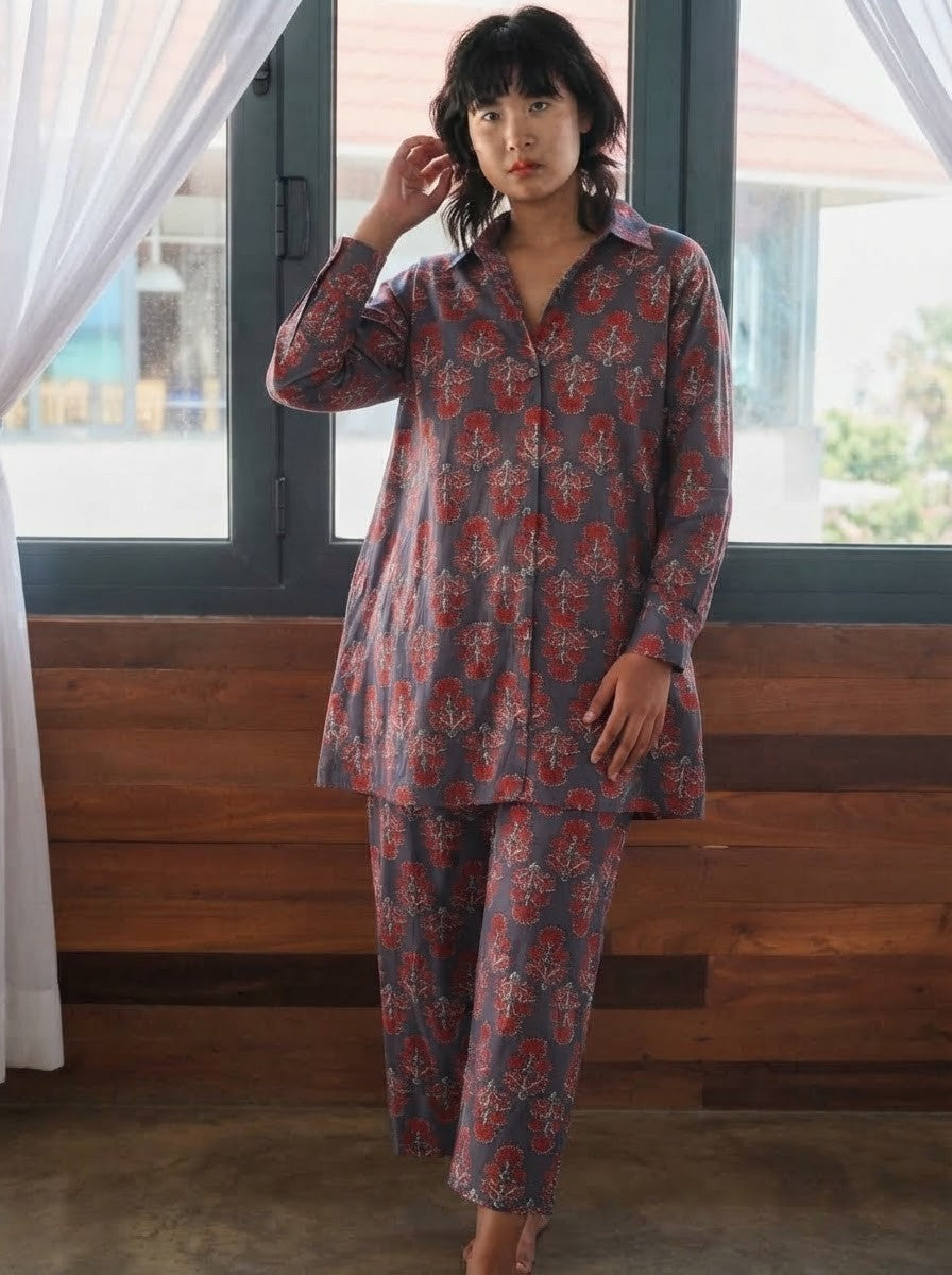 Charcoal & Red Floral Block Print Premium Cotton Co-ord Set
