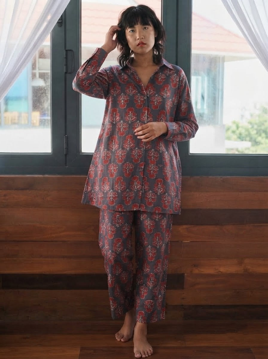 Charcoal & Red Floral Block Print Premium Cotton Co-ord Set