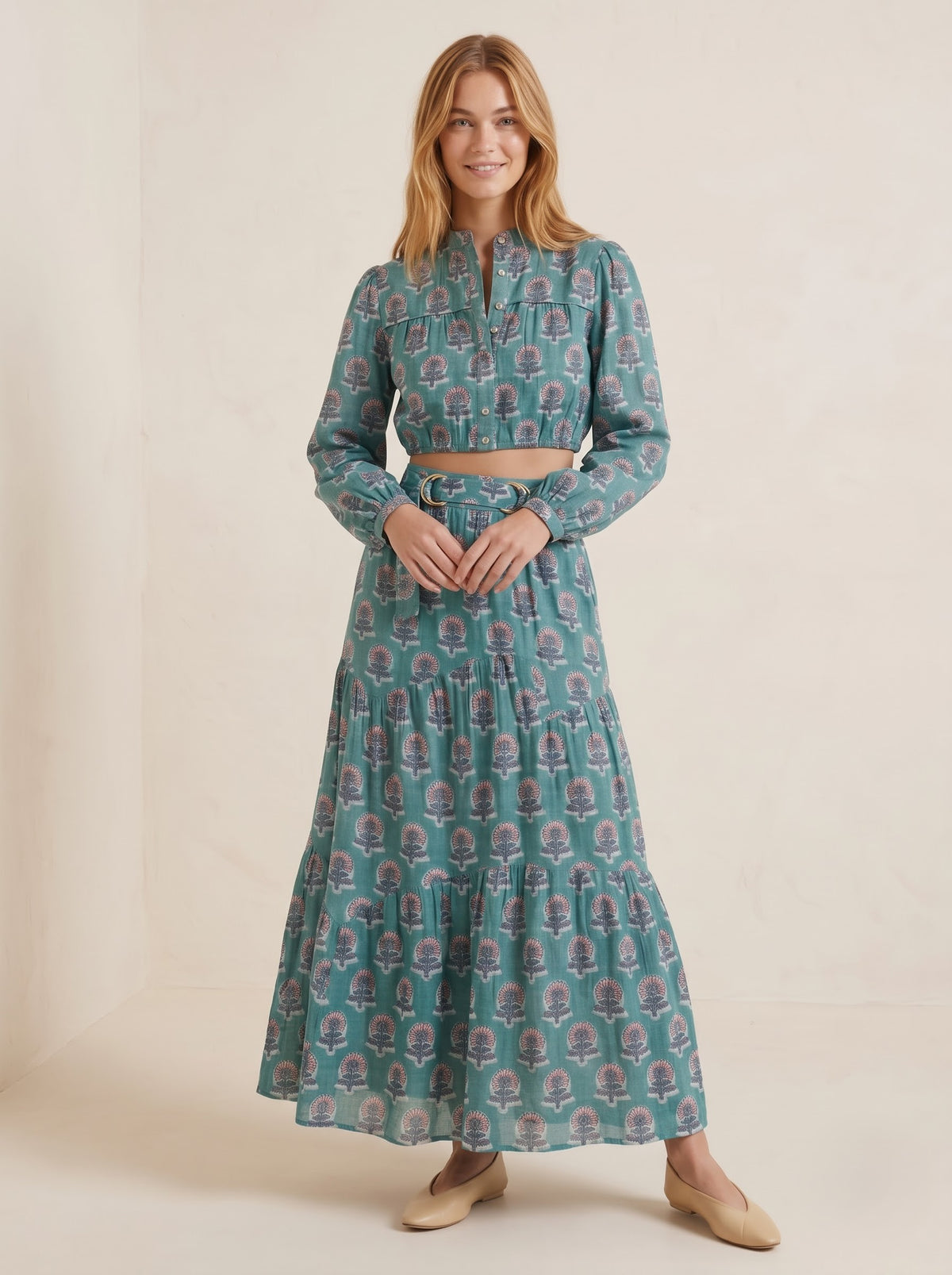 Teal Blue Floral Printed Top & Skirt Set