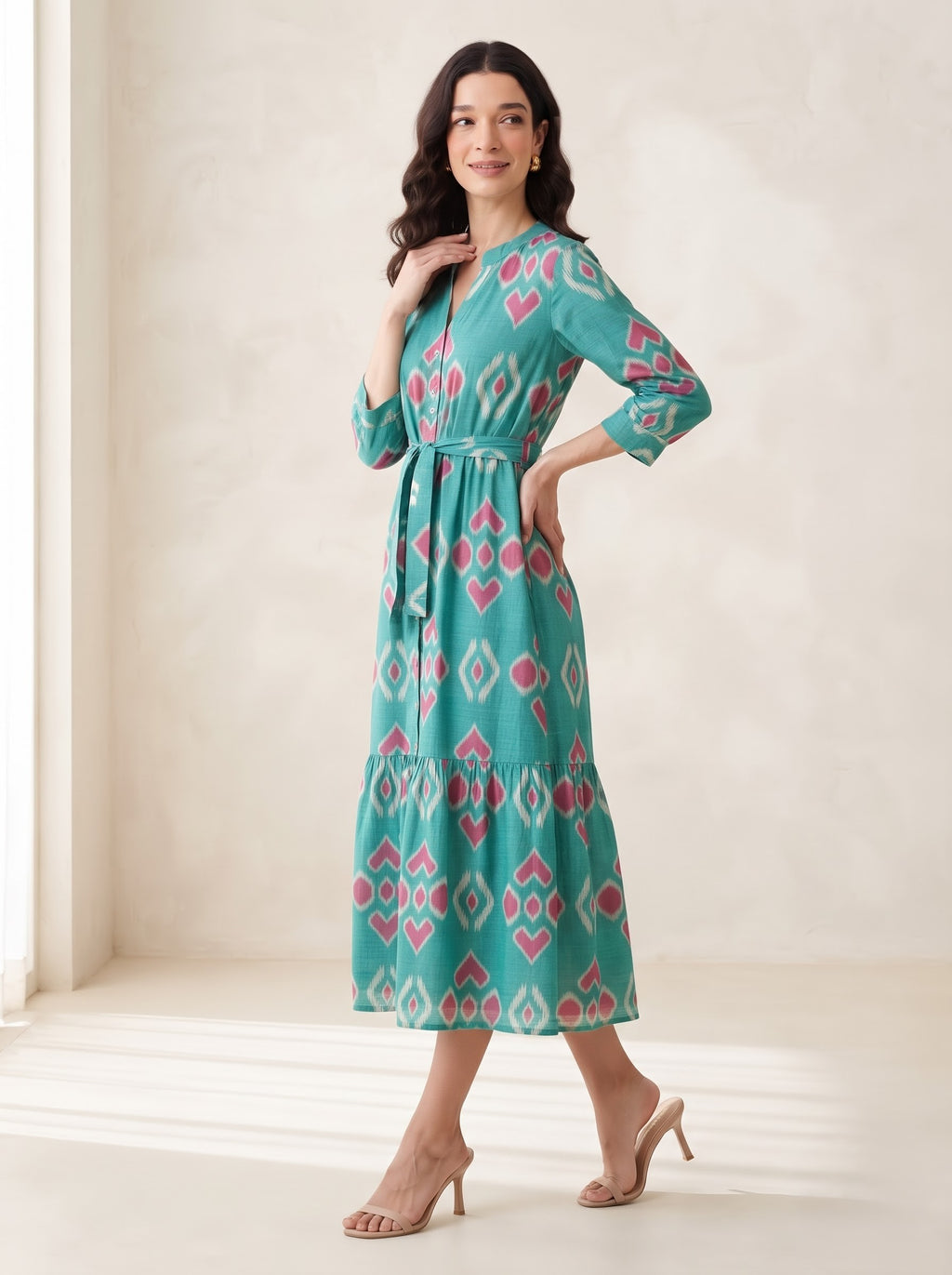 Turquoise & Pink Ikat Printed Maxi Dress