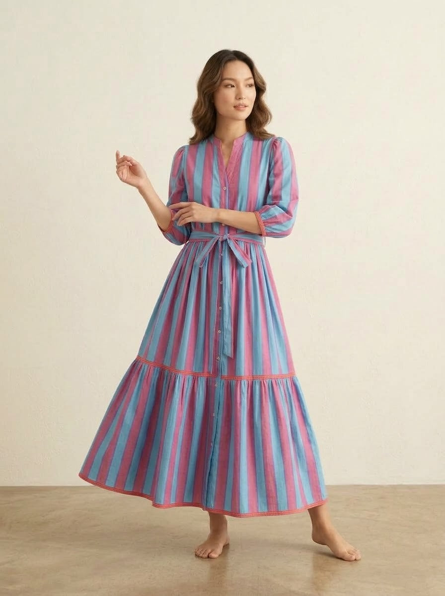 Pink & Blue Striped Tiered Maxi Dress