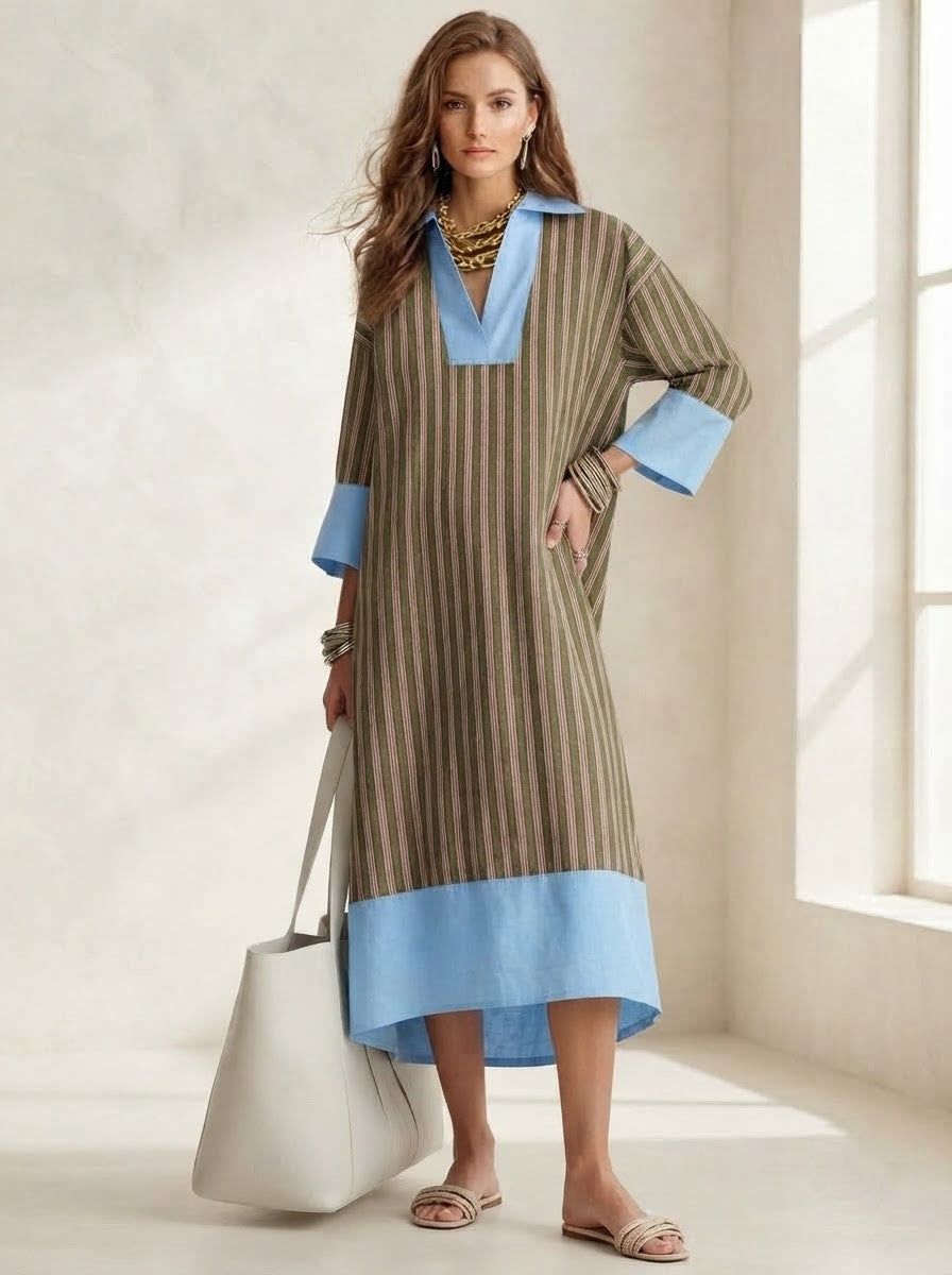 Olive Green Striped Kaftan Style Midi Dress