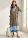 Olive Green Striped Kaftan Style Midi Dress