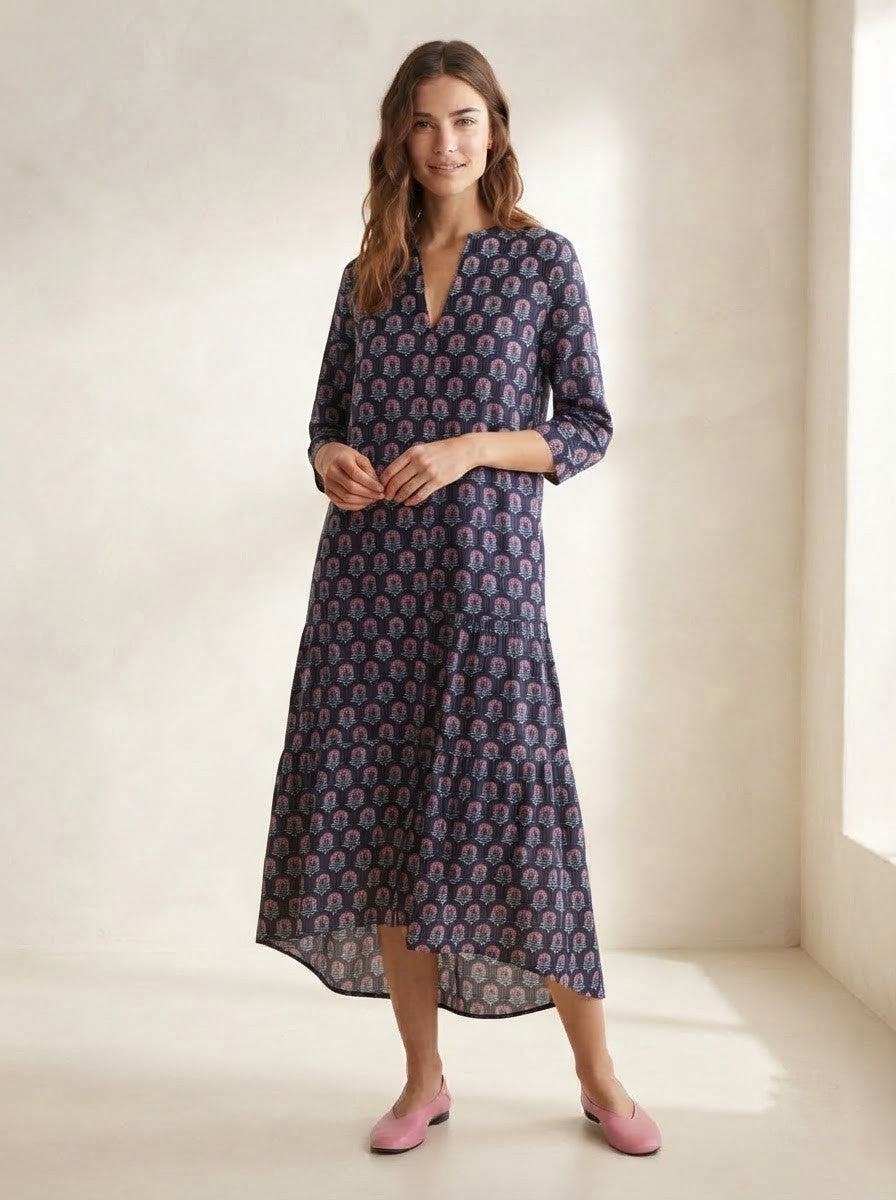 Navy Blue Floral Block Printed Midi Dress