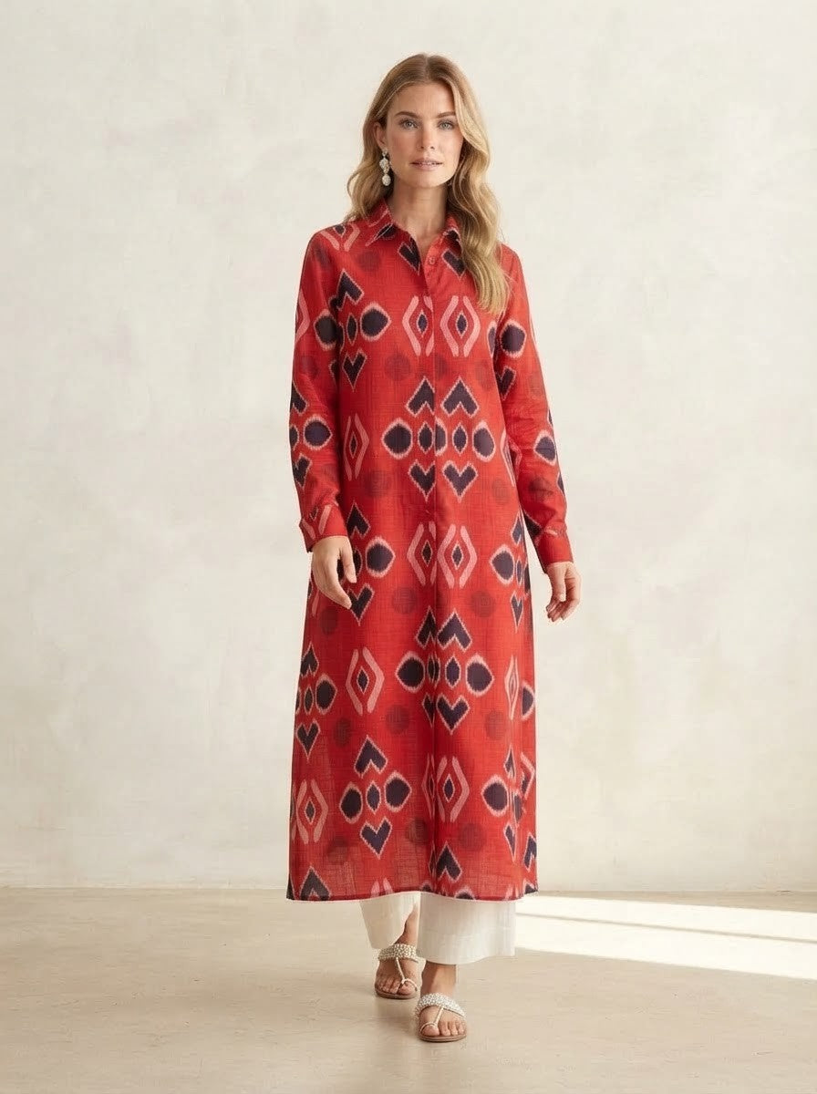 Red Geometric Print Premium Cotton Co-ord Set