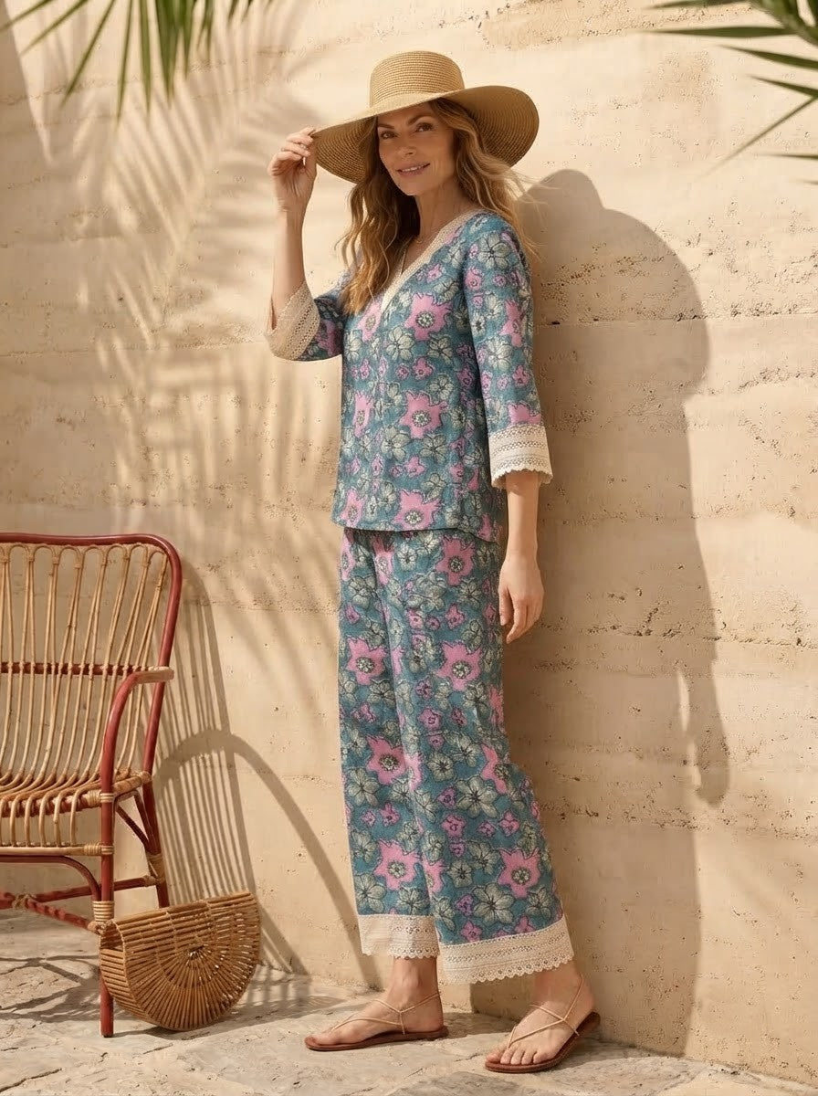 Teal & Pink Floral Lace-Trimmed Premium Cotton Co-ord Set