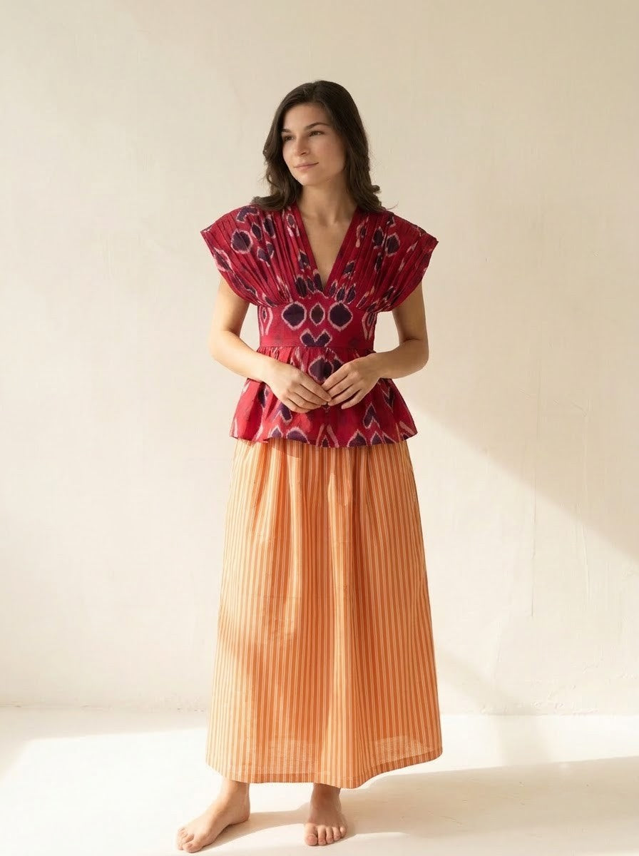 Maroon Ikat Printed Top & Orange Striped Skirt Set