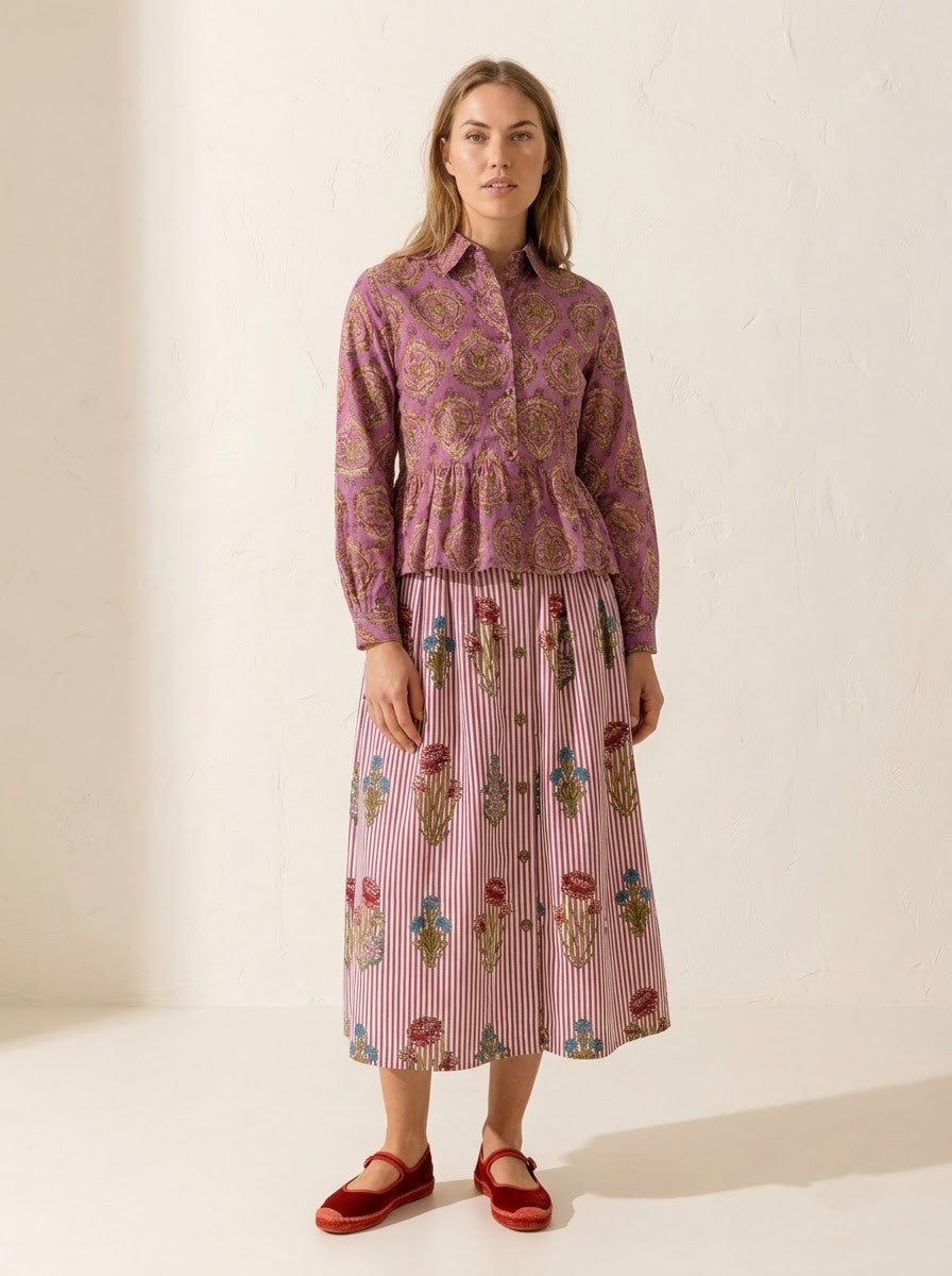 Purple Block Printed Shirt & Floral Striped Skirt Set