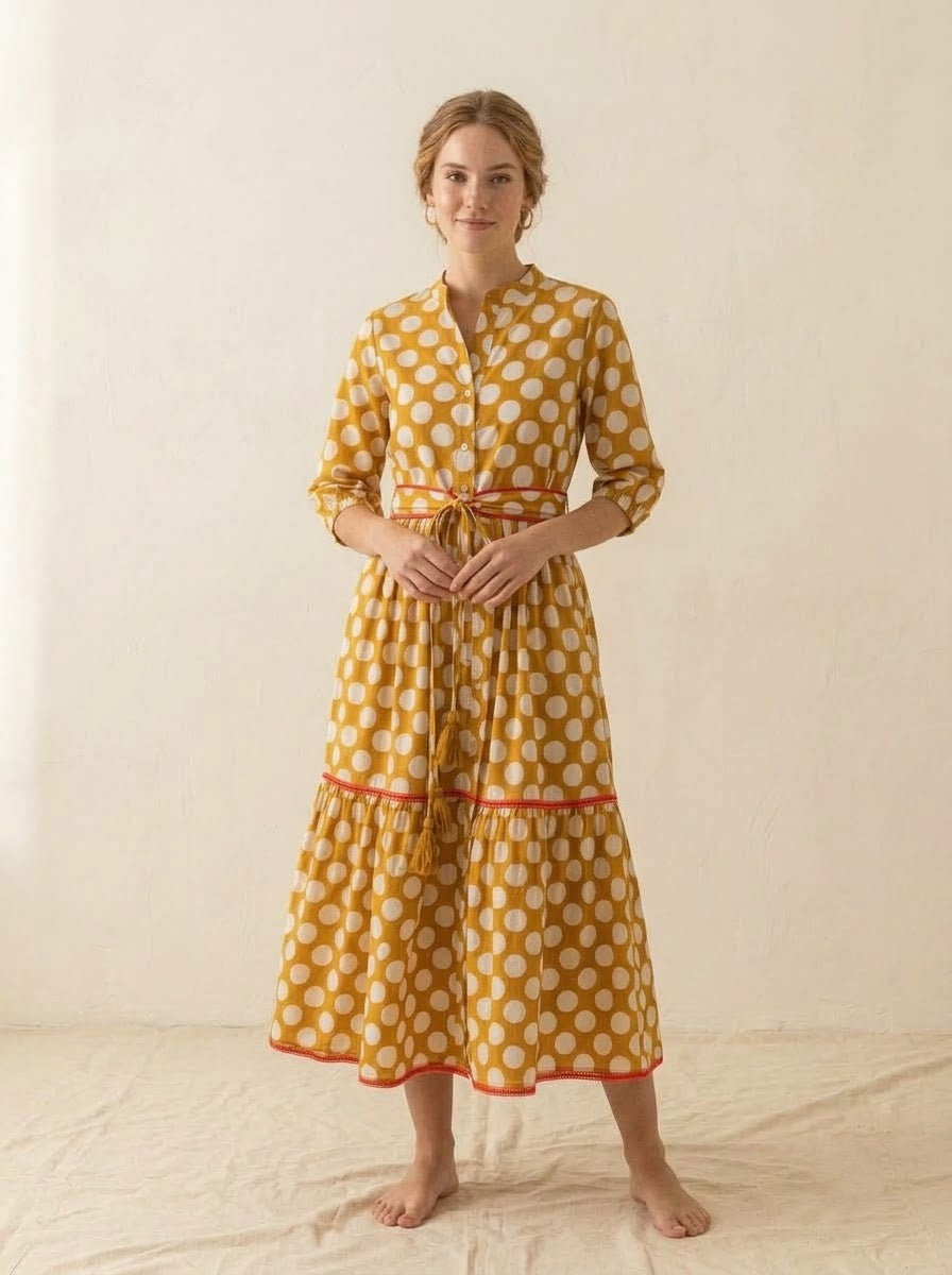 Mustard Yellow Polka Dot Tiered Maxi Dress