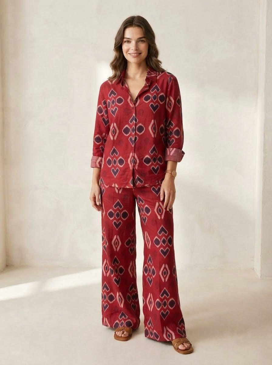 Red Ikat Printed Button-Down Co-Ord Set
