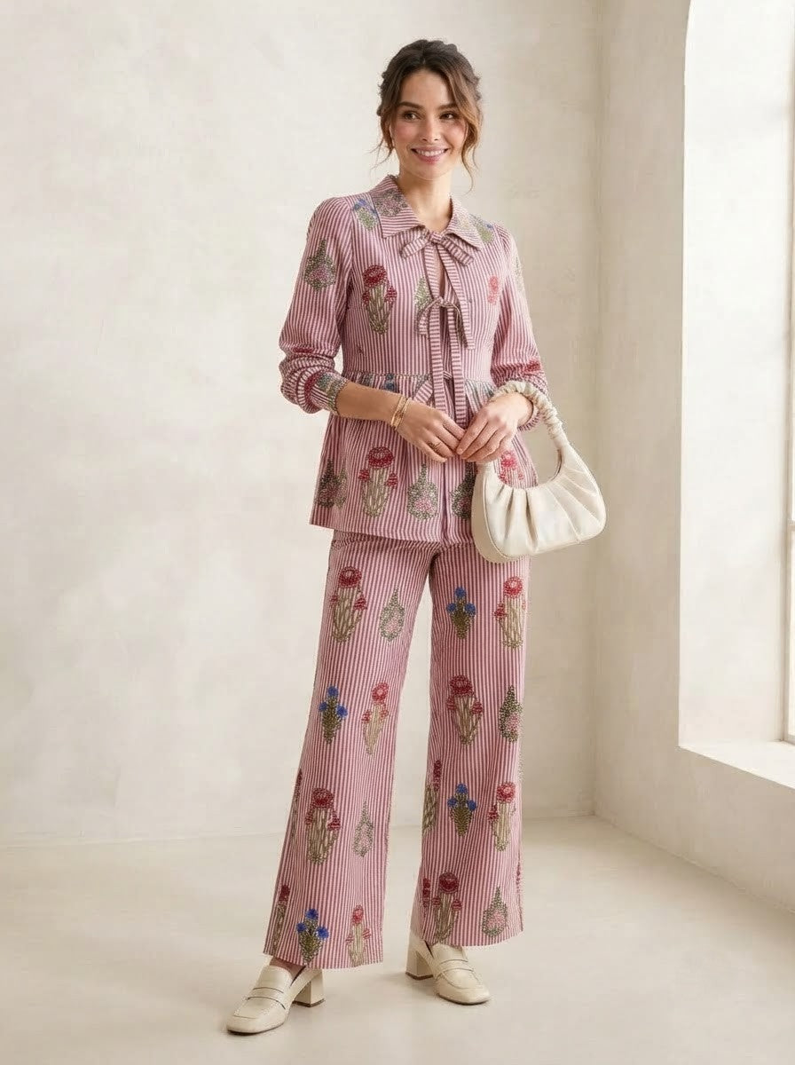 Maroon & White Striped Floral Co-Ord Set