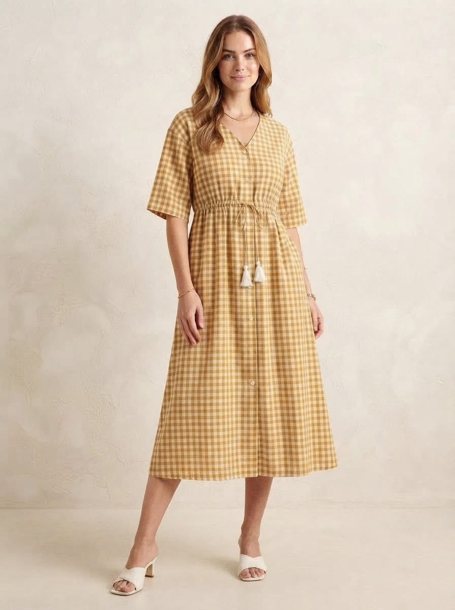 Mustard Yellow Gingham Checked Midi Dress
