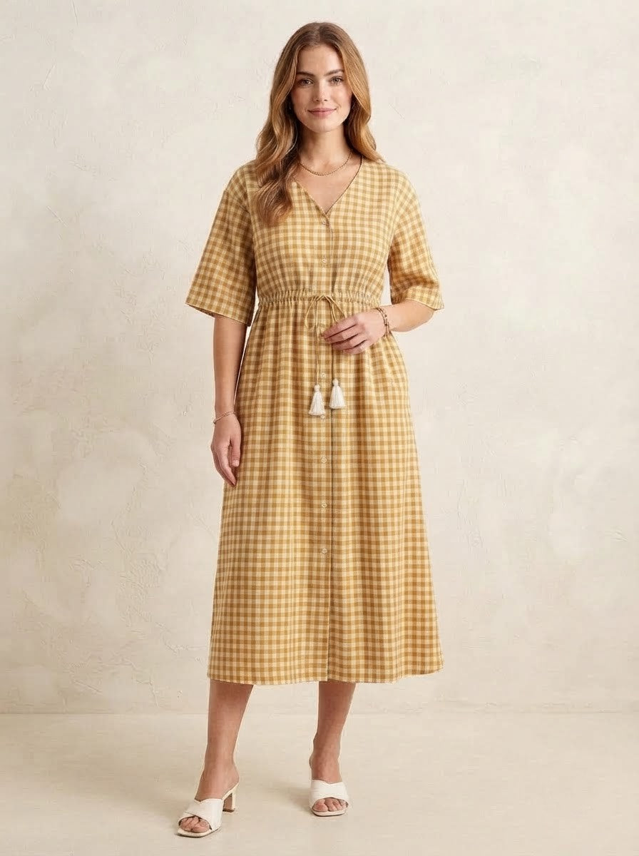 Mustard Yellow Gingham Checked Midi Dress