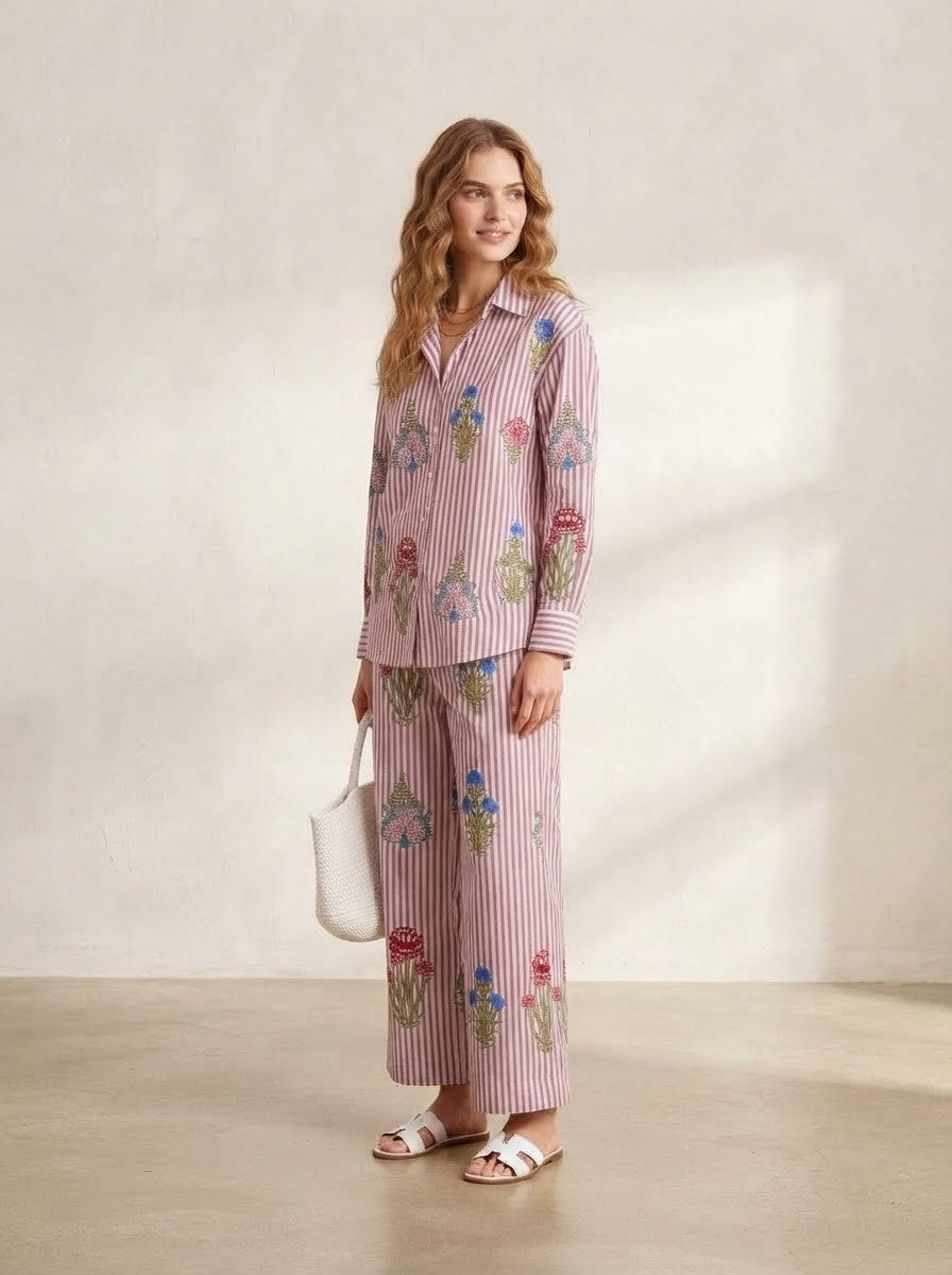 Pink & Maroon Striped Floral Co-Ord Set