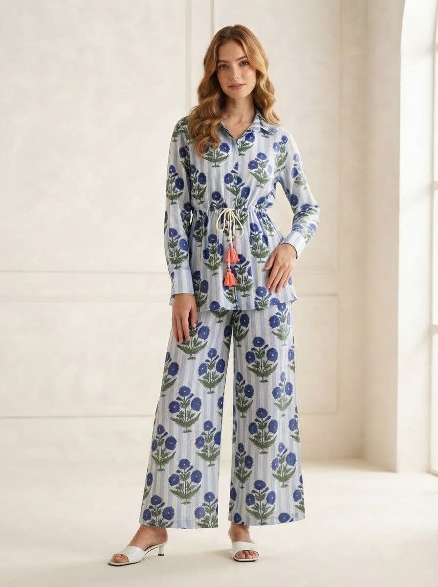 Blue Striped Floral Block Printed Co-Ord Set