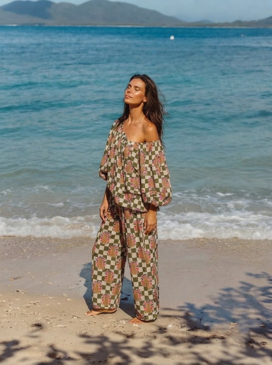 Olive Green Checkered Printed Co-Ord Set