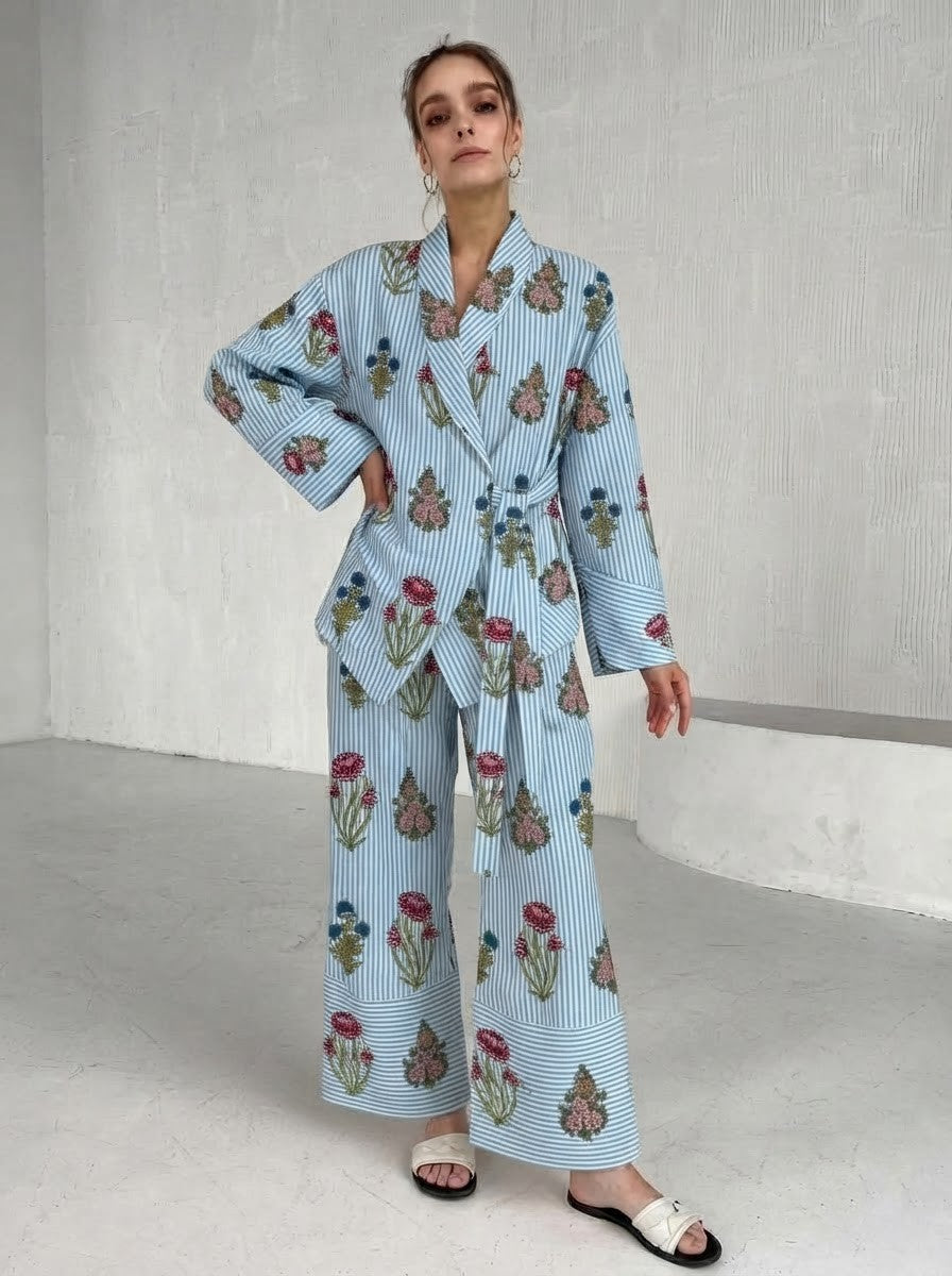 Sky Blue Striped Floral Printed Co-Ord Set